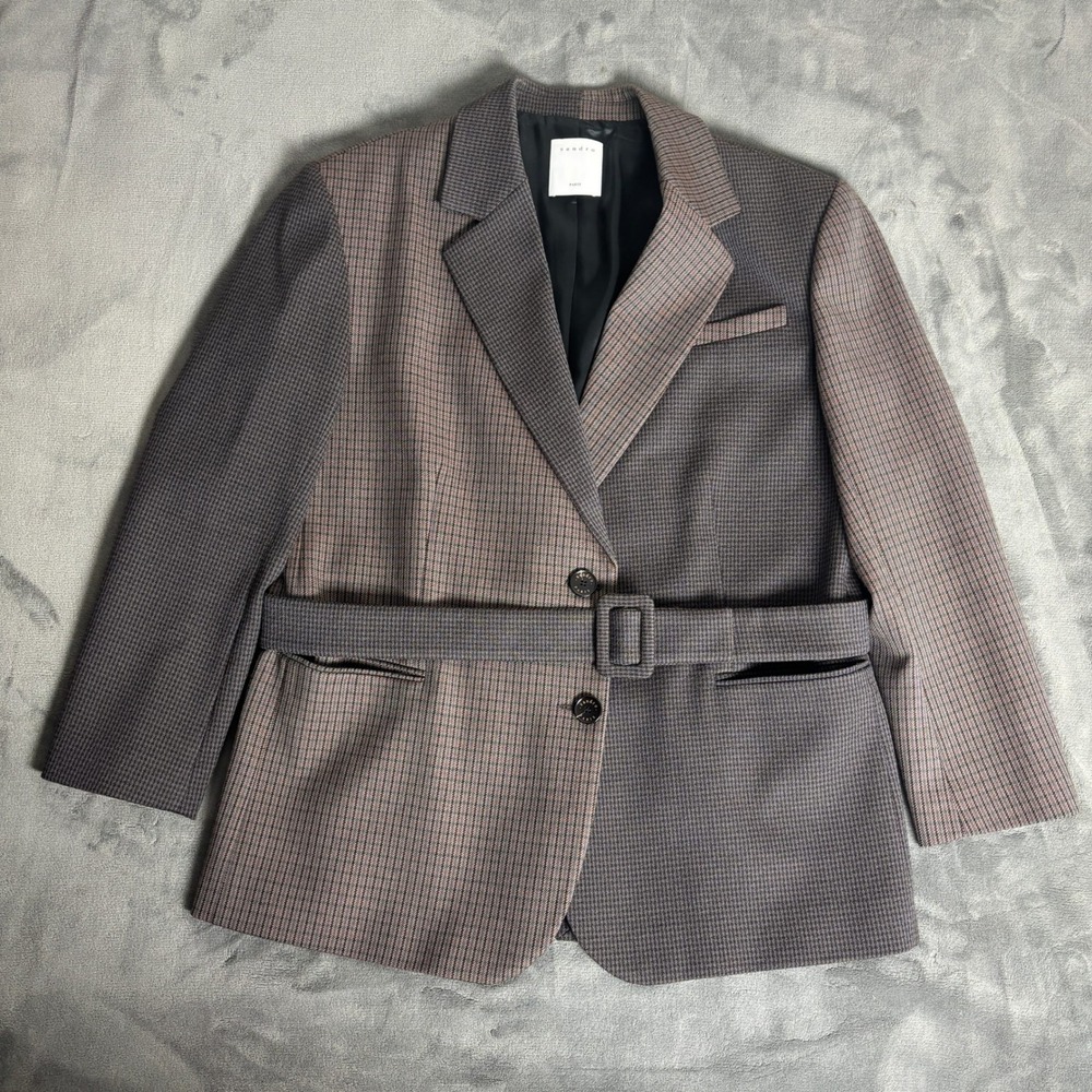 Sandro Paris Womens Two Tone Houndstooth Belted Blazer Brown Grey Multi